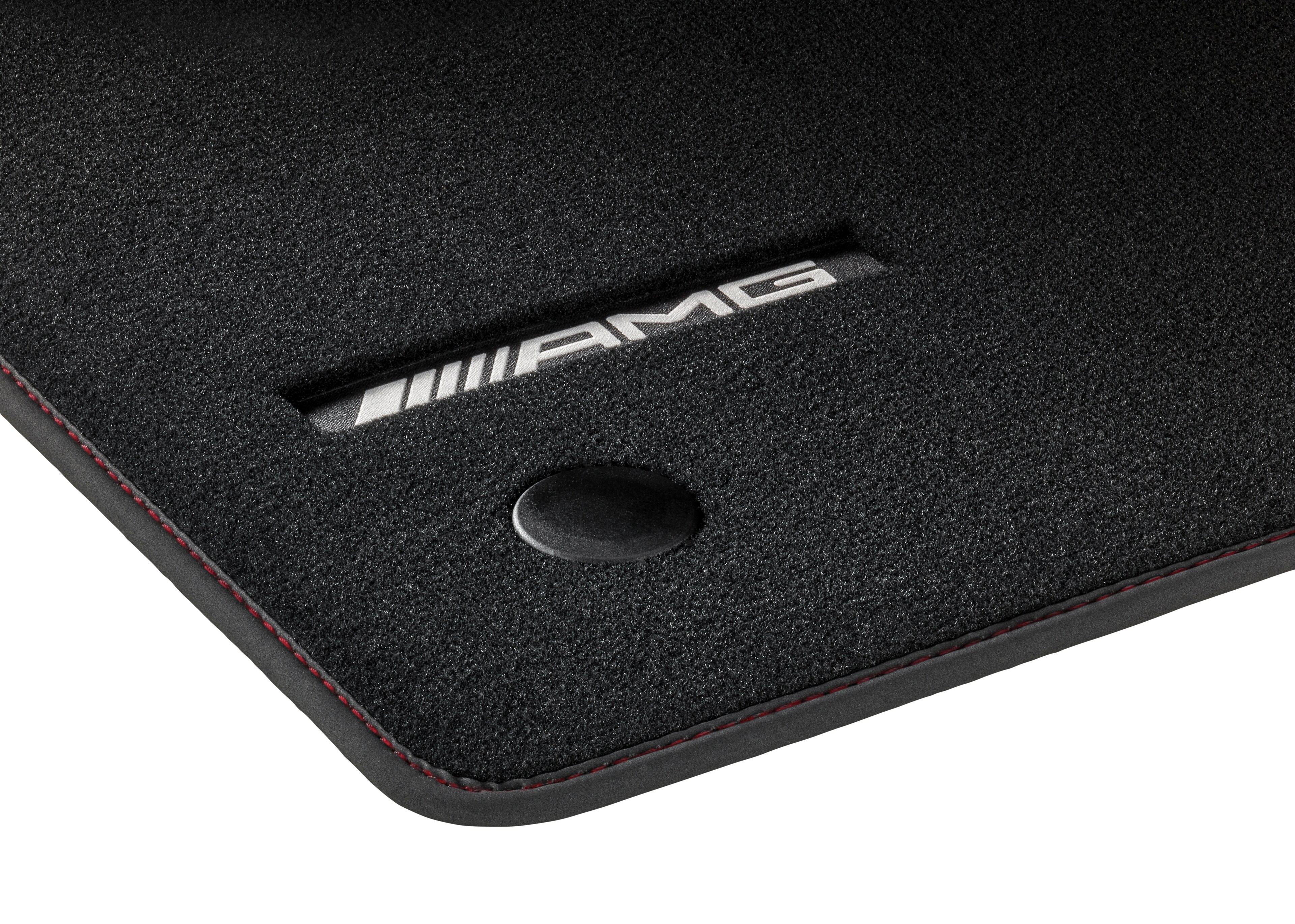 AMG velour floor mats, Set, Set of 4, With AMG web logo, Dusky red topstitching - LHD, black
