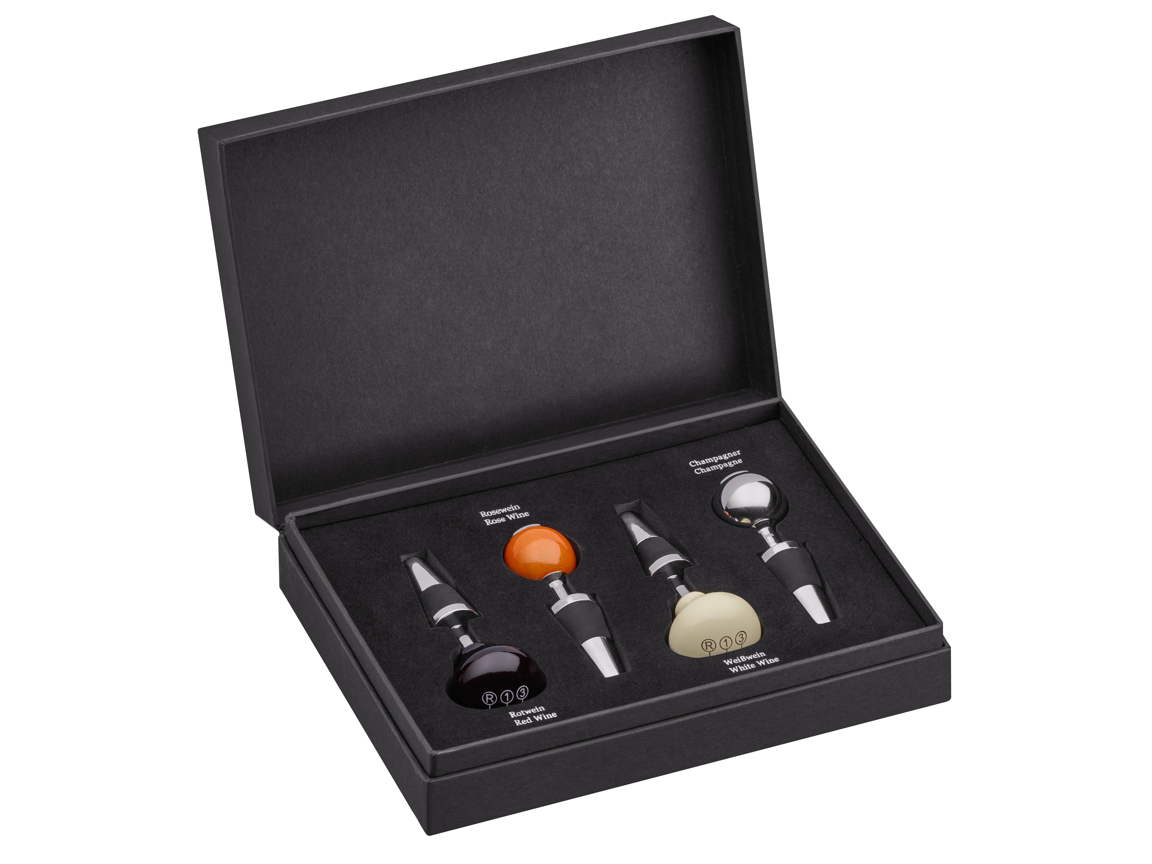 Wine stoppers, Set of 4 - silver-coloured / ivory / wine red, Stainless steel / Wood
