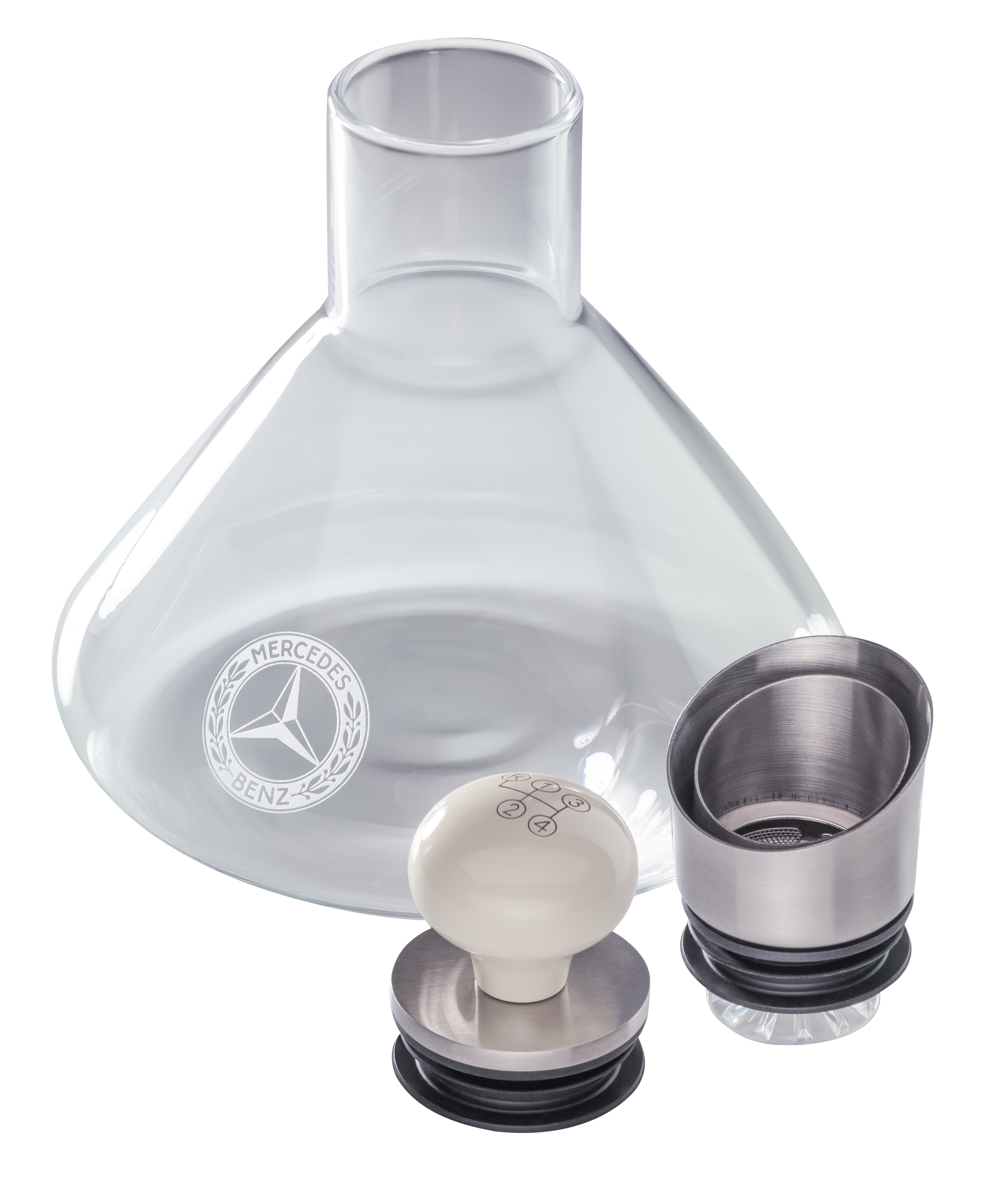 Decanter - transparent / ivory / silver-coloured, Glass / Stainless steel / Wood