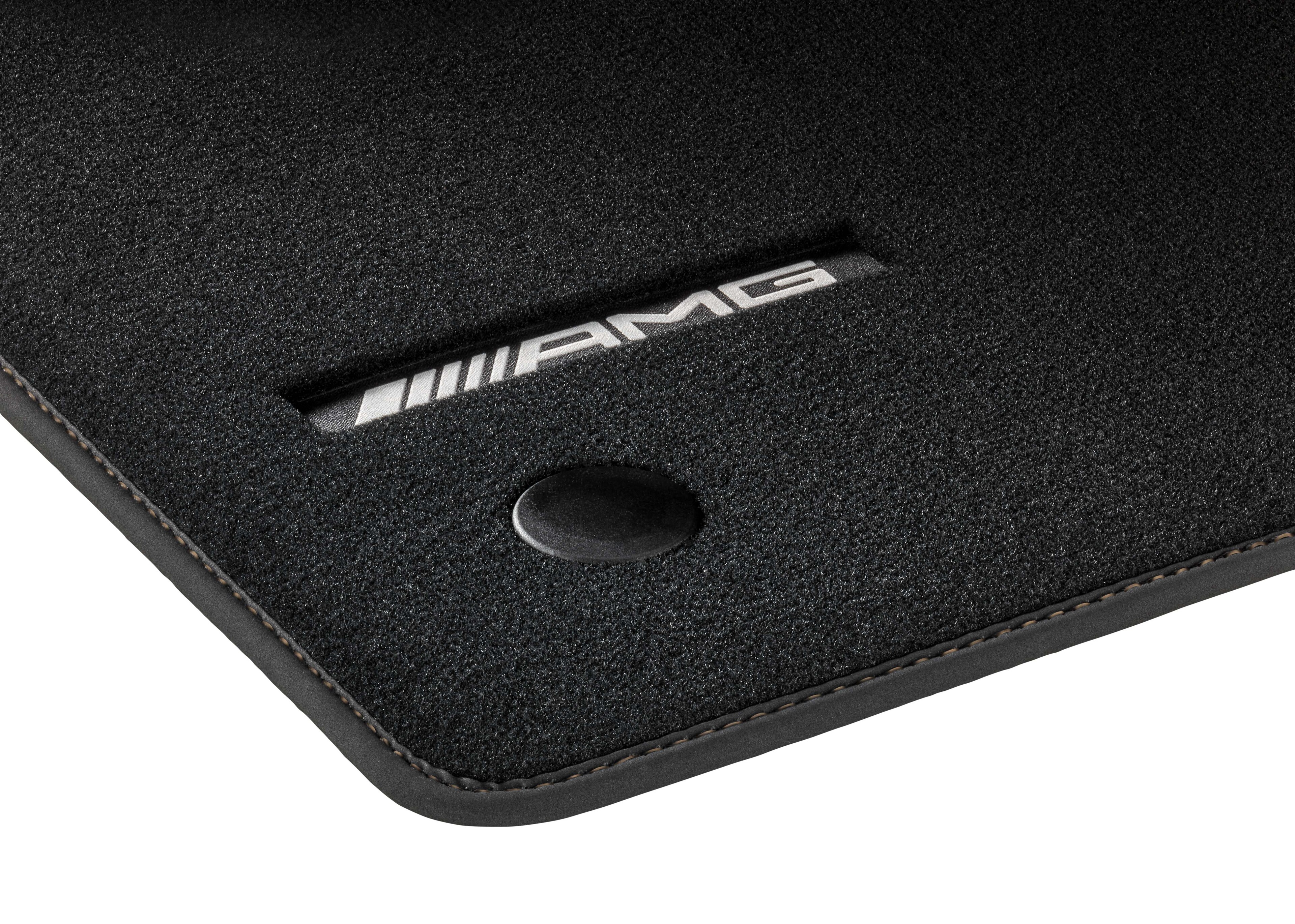 AMG velour floor mats, Set, Set of 4, With AMG web logo, Catalan beige topstitching - RHD, black
